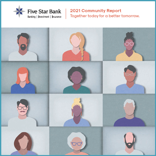 2021 Community Report "Together today for a better tomorrow." Video call grid of people.
