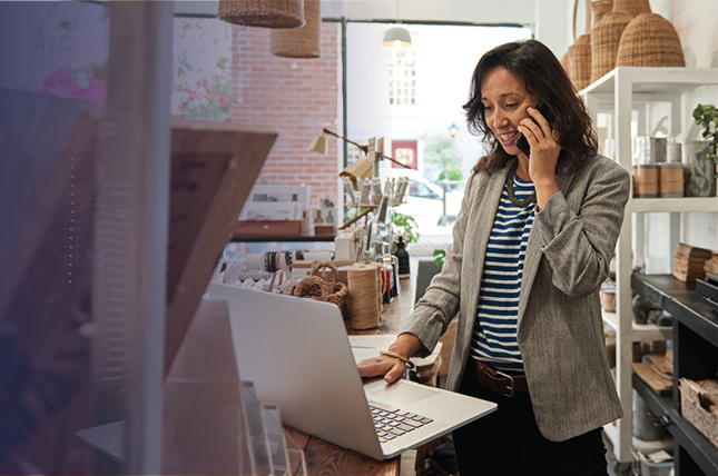 Small business owner on the phone and computer.