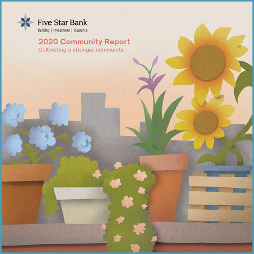 2020 Community Report "Cultivating a strong community." Rooftop garden.